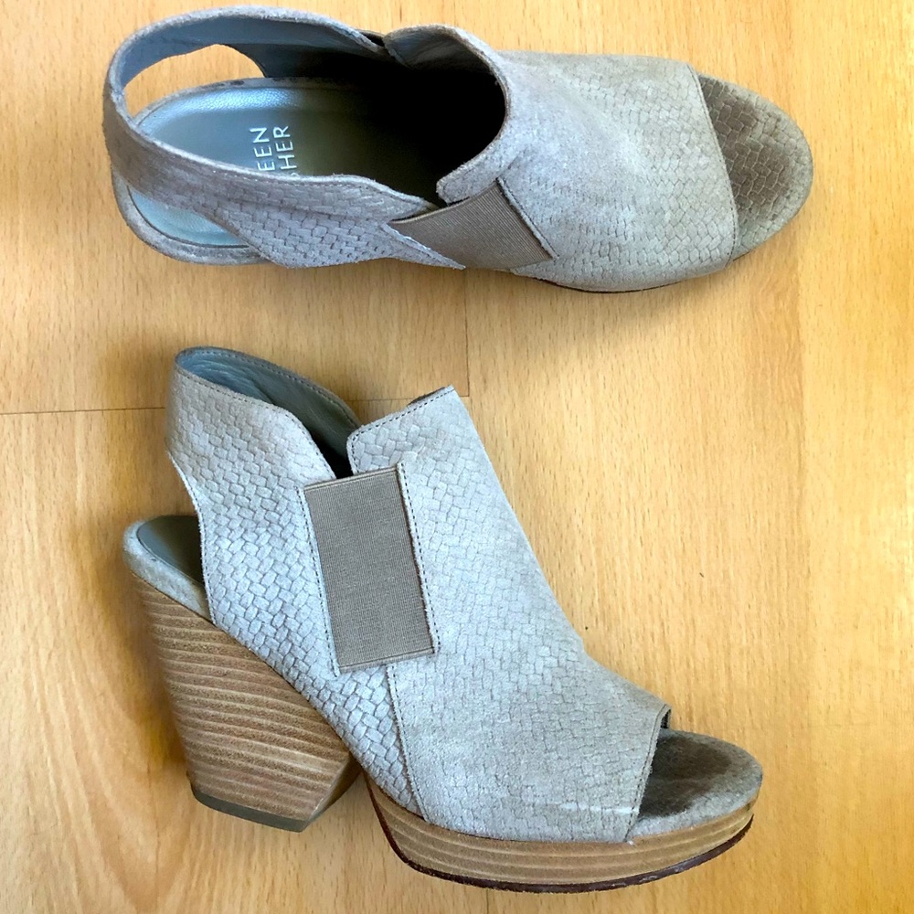 Eileen Fisher Nude Beige Heeled Peep Toe Suede Heels, size 6.5, slingbacks